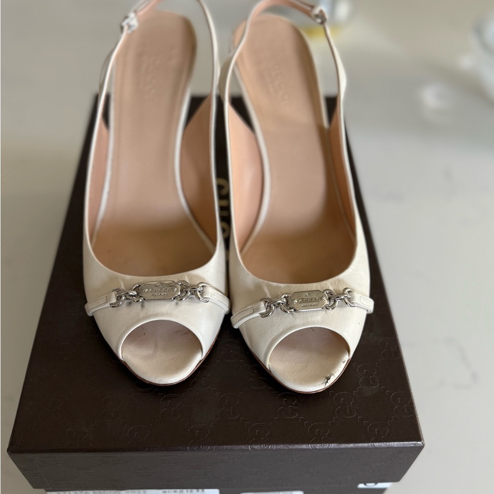 Gucci Cream Slingback Heels with Silver Accents